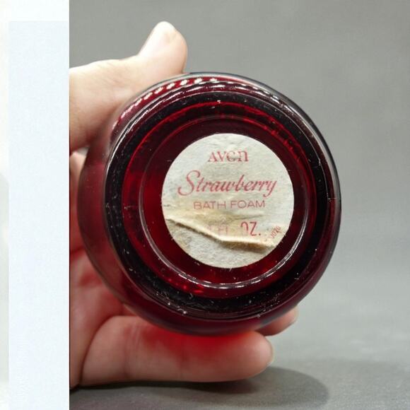 Vintage Avon Ruby Red Glass Pitcher Bottles Strawberry Bath Foam  5.5”  Empty - Picture 8 of 9